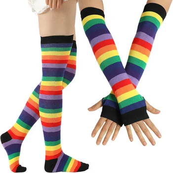 

New Colorful Rainbow Striped Stockings High Thigh Knee Socks Warm Long Socks with Gloves Christmas Gifts Female Cotton Stocking