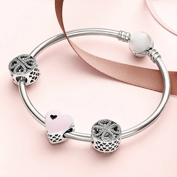 

2019 NEW 100% 925 Sterling Silver 1:1 SWEET LOVE HEART CHARM Petals of Love Four-leaf Clover Beaded Bracelet Bangle Gift Set