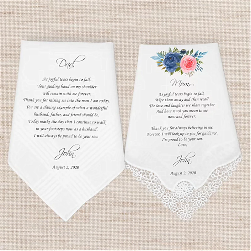Madre e di padre lo sposo personalizzati fazzoletti da sposa, regalo  fazzoletto da sposa per genitori dello sposo, regalo da figlio, modificabile