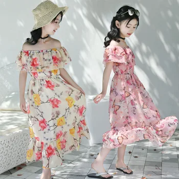 

Girls Maxi Beach Dress Elegant Shoulderless Chiffon Summer Floral Princess Holiday Dresses Kids Clothes Girls Gift Party Dress