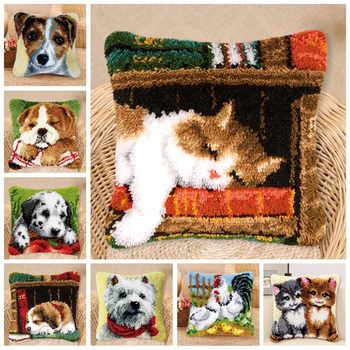

Cartoon Animal Latch Hook Pillow Sets Cushion Embroidered Handiwork Crafts Cat Dog Latch Hook Rug Kits DIY For Needlework Cute F