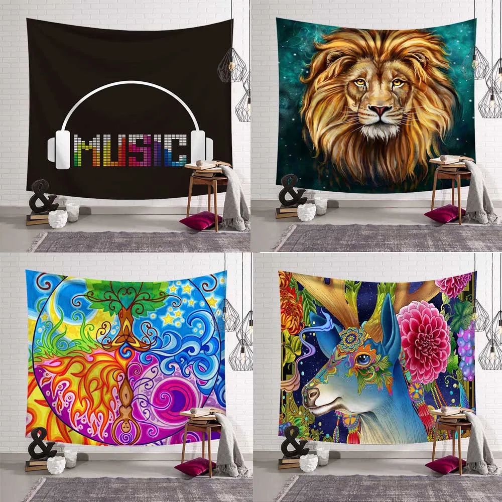 

Lion Flower Tapestry Wall Hanging Deer Elephant Animal Sheets Skull Home Decor Beach Mat Home Corridor Yoga Mural Decoration