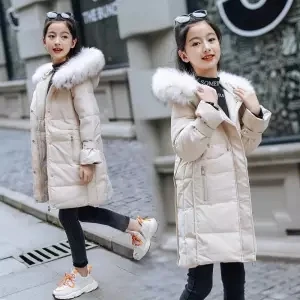 Детская одежда пальто для девочек г. Зимнее пальто для девочек детское теплое пальто с капюшоном Одежда для девочек детское пальто 14 - Цвет: Бежевый