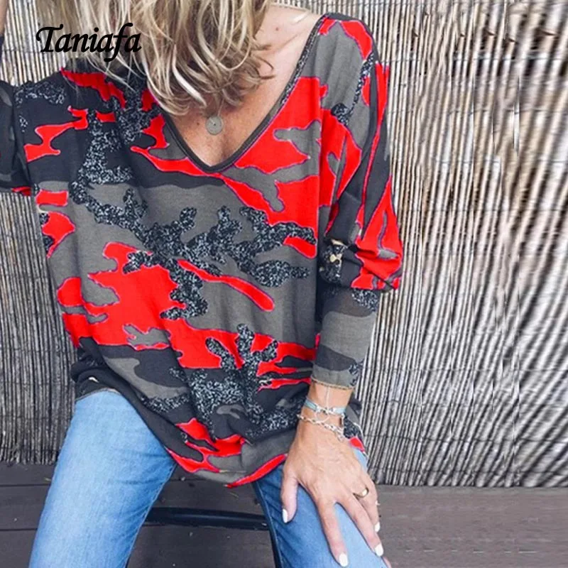 Taniafa новые модные женские футболки с v-образным вырезом и длинными рукавами Повседневные осенние камуфляжные свободные топы с принтом рубашки больших размеров