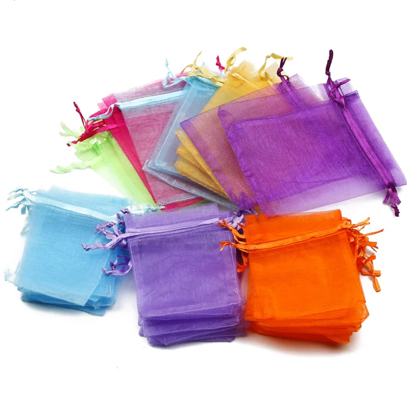 Bolsa de Organza con cordón de colores, embalaje de joyería, bolsa de almacenamiento para regalo de fiesta de boda, 7x9cm/9x12cm/10x15cm/13x18cm, 50 unids/lote