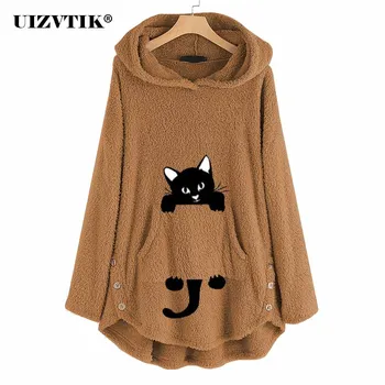 

Autumn Winter Hoodies Sweatshirt Women 2020 Casual Cat Thick Fleece Pullover Long Hooded Jacket Female Plus Size Coat Loose Tops