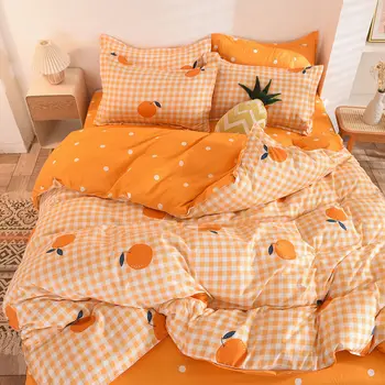 Orange Bedding Set Printed Bed Linen Sheet Plaid Duvet Cover 240x220 Single Double Queen King Quilt Covers Sets Bedclothes 1