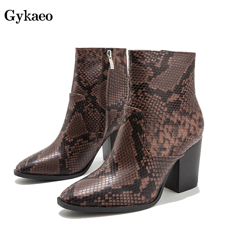 

Gykaeo Snake-skinned Pattern Banquet Shoes Girls 2019 Autumn New European and American Style High-heel Fashion Short Ankle Boots