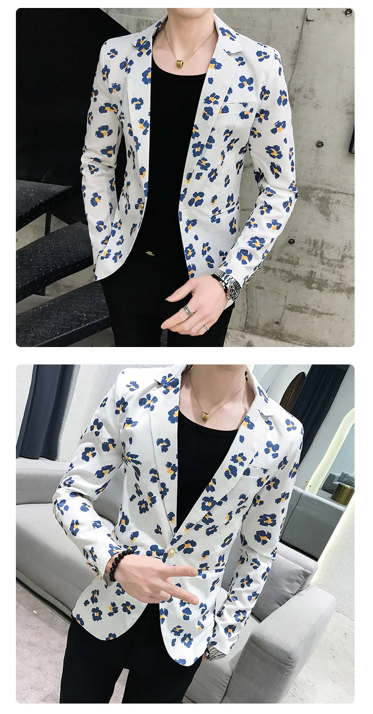 Мужские блейзеры, модные, летние, белые, Homme, повседневные, 3XL, с цветочным принтом, пиджак, формальные, приталенные, на одной пуговице, мужские блейзеры