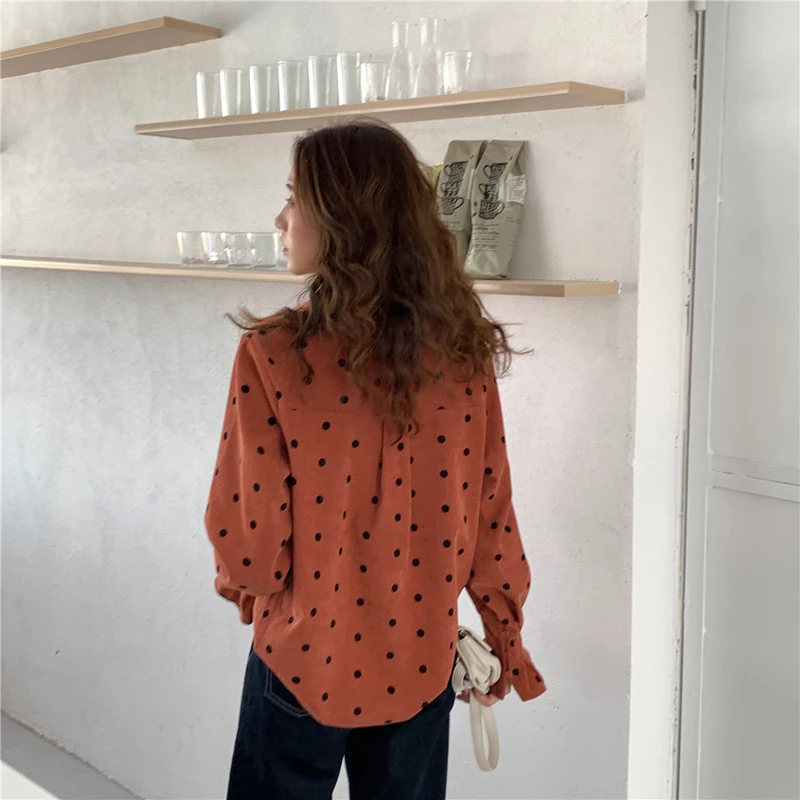 incredible Korea Winter Jacket Women 2019 Autumn New Lapel Loose Single-Breasted Corduroy Polka Dot Long Sleev
