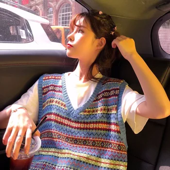

Striped Vintage Knitted Vest Women's Pullover V-neck Loose Casual Sleeveless Sweater Shirt Spring Summer Embroider Female