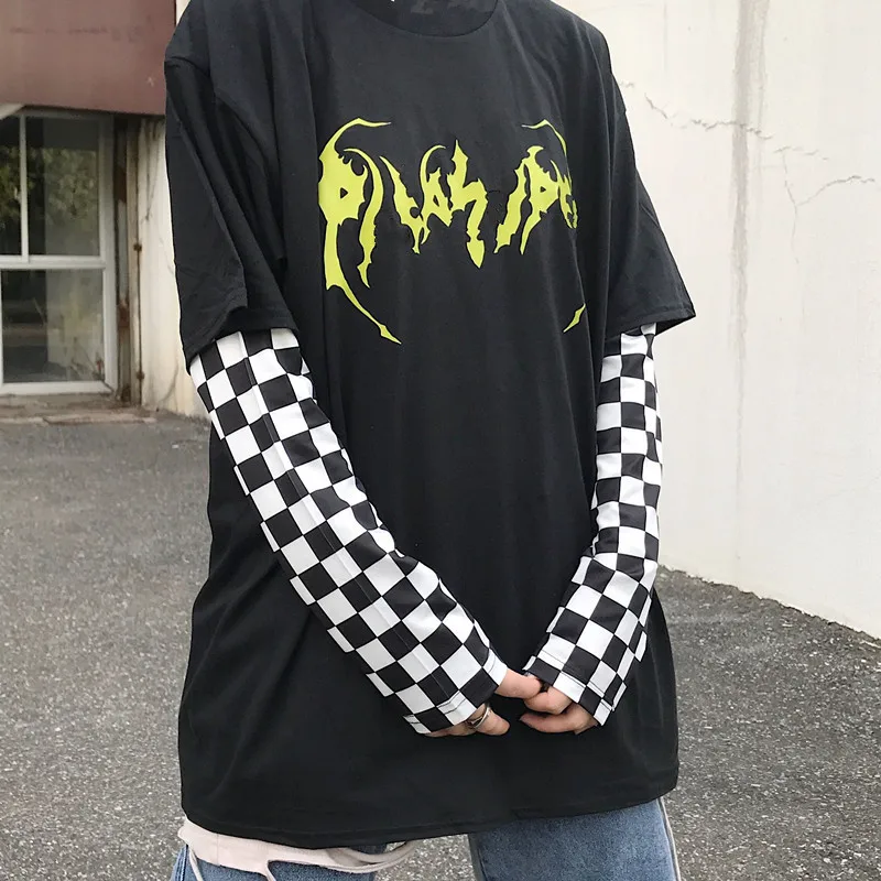 Focal20 уличная одежда с японским принтом, женская футболка, черно-белая клетчатая Лоскутная футболка в клетку, поддельные футболки из 2 предметов
