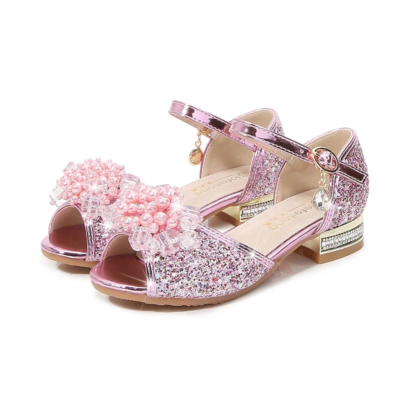 

Туфли принцессы с пайетками для девочек, босоножки на высоком каблуке, с жемчужной пряжкой, с открытым носком, милые свадебные, весна 2023