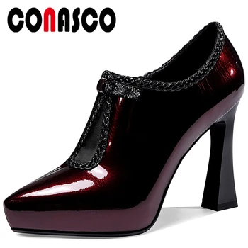 

CONASCO New Mature Women Patent Leather Wedding Party Shoes Rhinestone Woven Edges Mesh Fretwork Decoration Zipper Shoes Woman