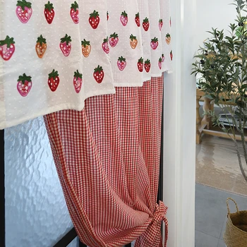 

DUNXDECO Curtain For Kitchen Door Cortinas Modern Classical French Style Red Check Strawberry Embroidery Rideau Home Store Decor