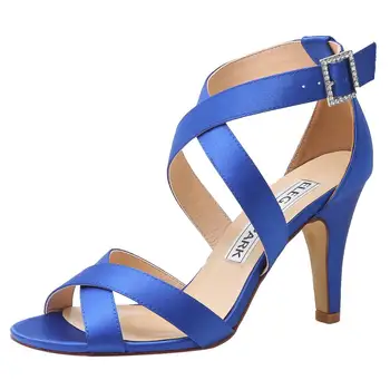 

Summer Sandals Woman High heels Shoes Blue Peep Toe Cross Strap Buckle Satin Prom Dress Wedding Bridal Shoes HP1705