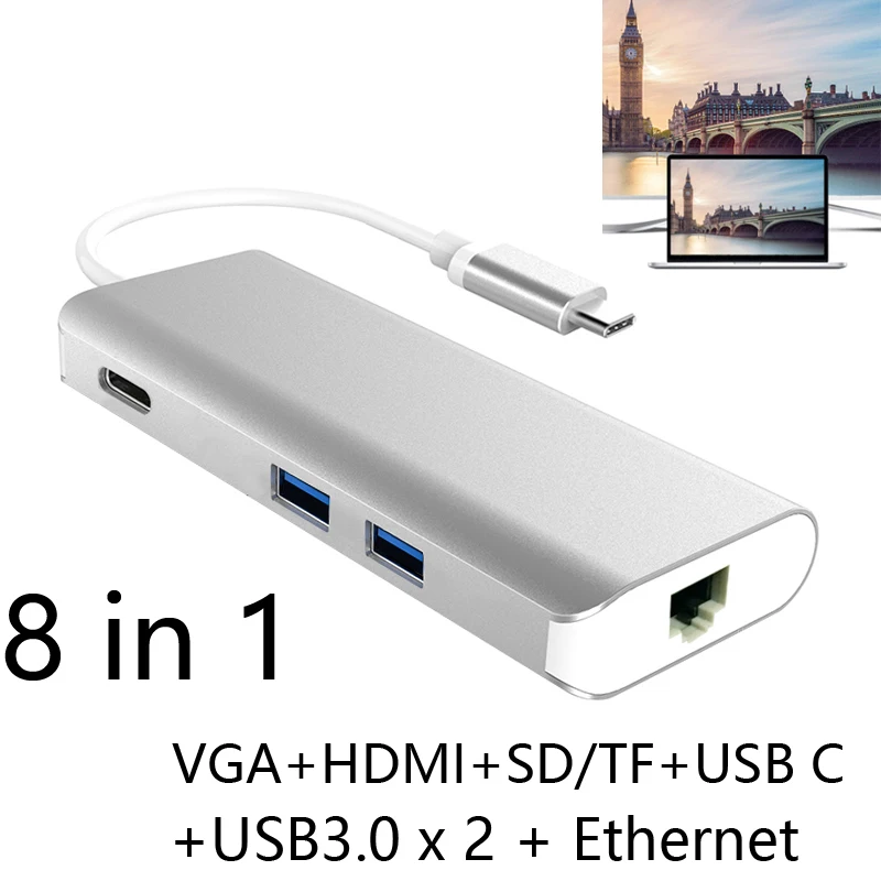1080P VGA Aduio-Buchse 4K HDMI JYL USB C-Hub TYP C zu HDMI VGA Audio USB 3.0 PD 5-in-1-Patchkabel Mac-Adapter Typ C-Hub zu HDMI 4K VGA-Adapter Mit USB 3.0 