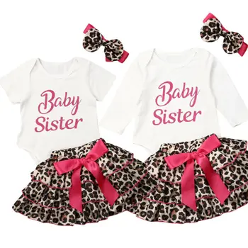 

Lovely Baby Girls Sister Matching Clothes Outfits Letter Romper Layered Tulle Leopard Skirts Headband 3Pcs Baby Girl Sets 0-24M