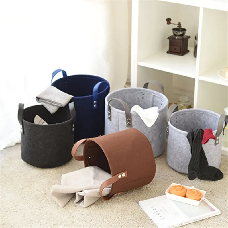 Storage Basket Organizer Bin Large Woven Felt Round With Handle Collapsible 1pcs