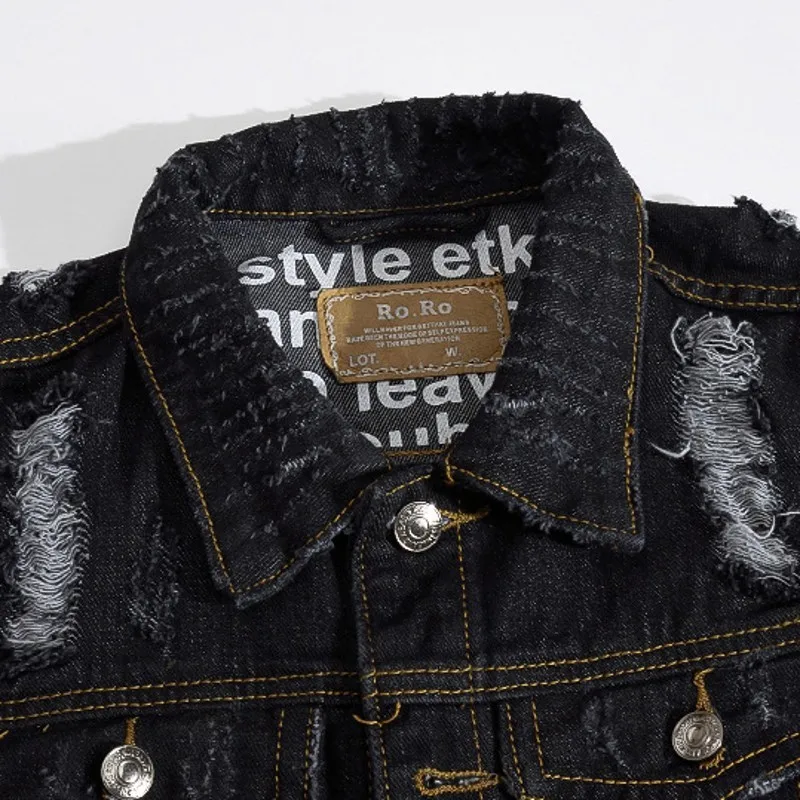 

Fashion New Sleeveless Ovrecoats Hole Mens Denim Vest Slim Fit Single Breasted Casual Black Male Waistcoat Plus Size M-5XL