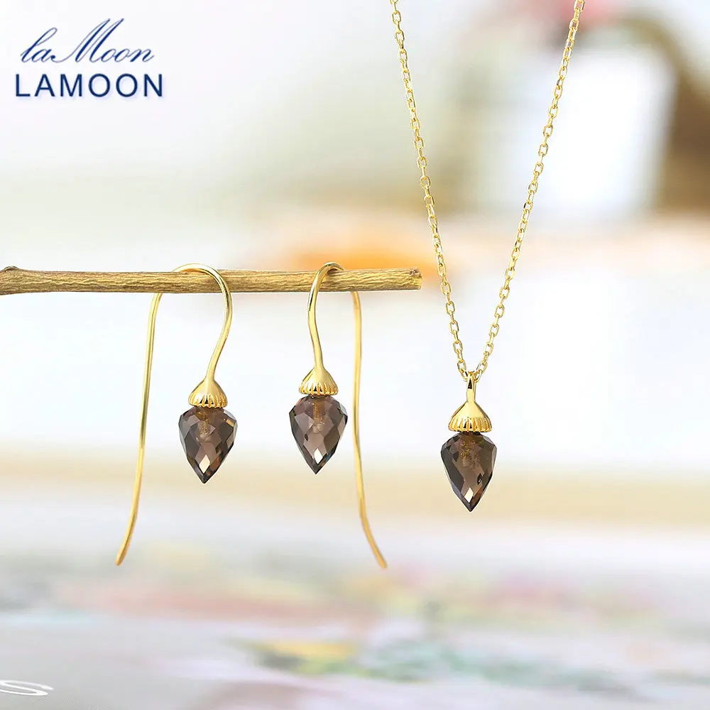 

LAMOON S925 Серебряный набор украшений для женщин конус Естественный дымчатый кварц таинственный драгоценный камень 14K позолоченные ювелирные украшения в Корейском стиле V074