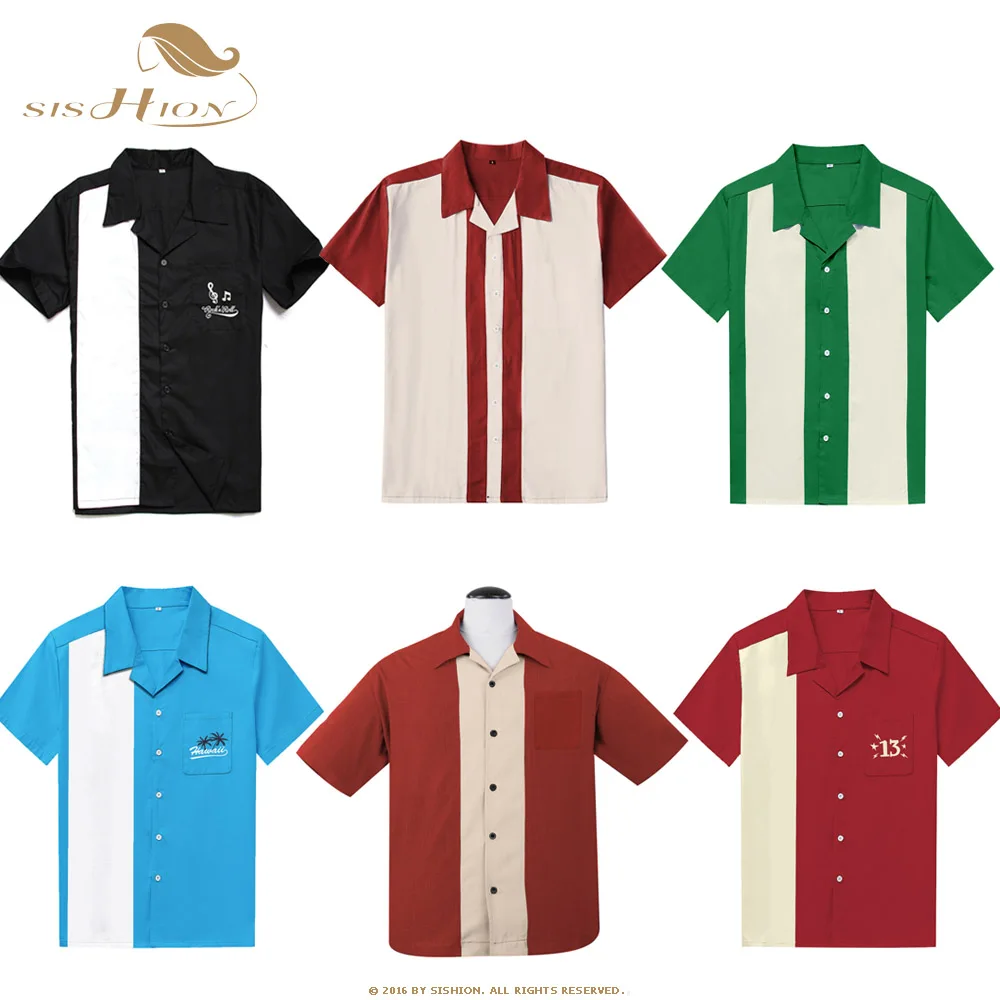 SISHION L-3XL Plus Size Men Shirt ST126 Short Sleeve Black Red Rockabilly Bowling Cotton Casual Shirts for Men camisa masculina