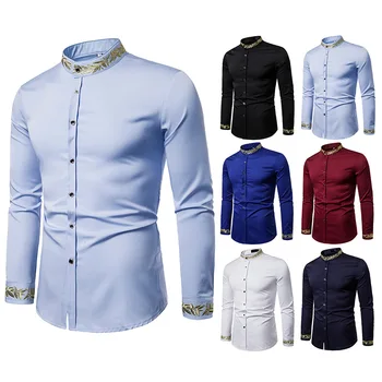 

2019 Men's Fashion Embroidered Shirts High Quality Luxurious Casual Henry Collar Slim Fit Long Sleeve Shirts Male Eu Size S-2XL