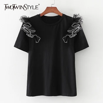 

TWOTWINSTYLE Causal Patchwork Mesh Women T Shirt O Neck Short Sleeve Loose Ruffles Hit Color T-shirt For Female Fashion Clothing
