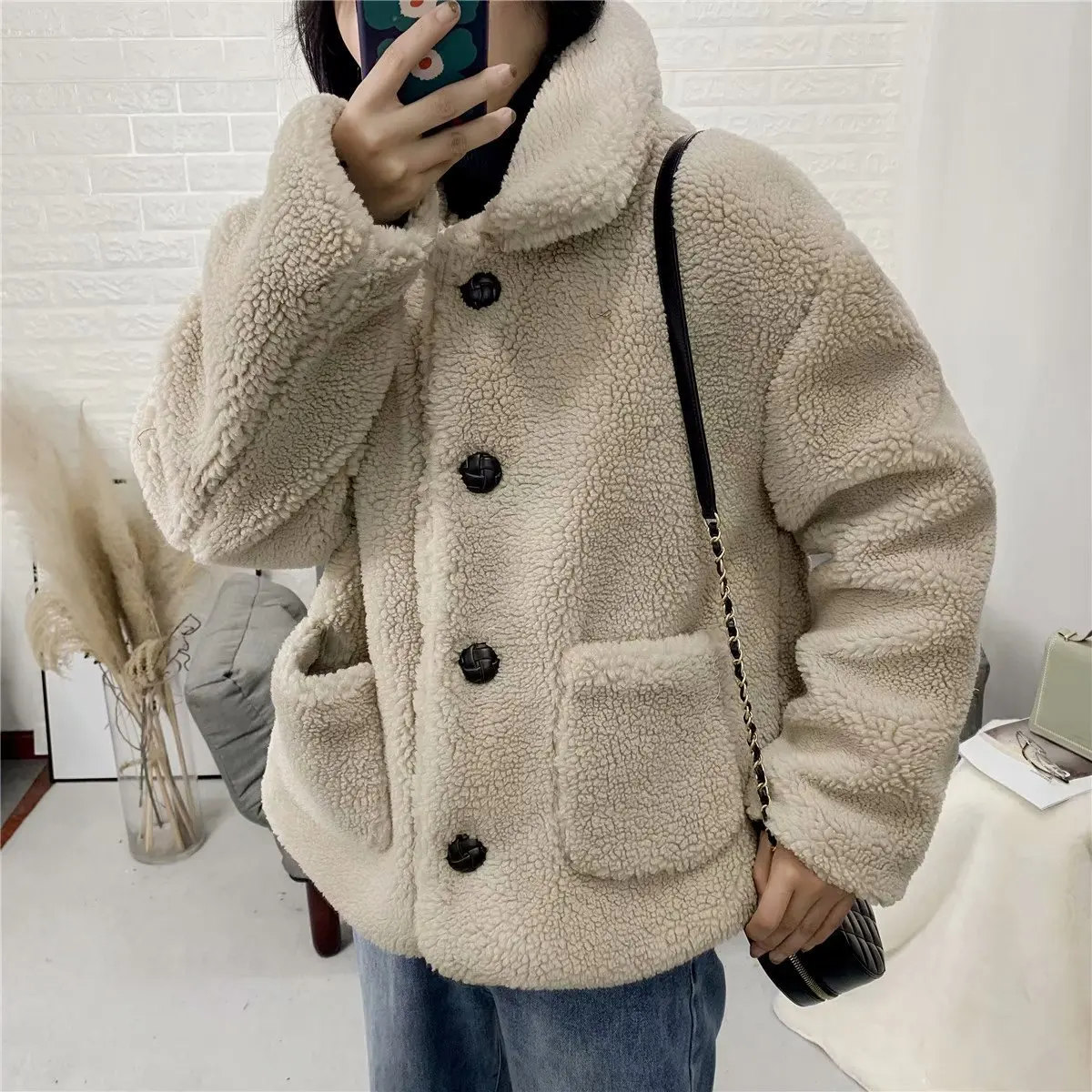 

Western Style Loose Pocket Lambs Wool Cotton Coat Overcoat Autumn & Winter Warm Cotton Coat