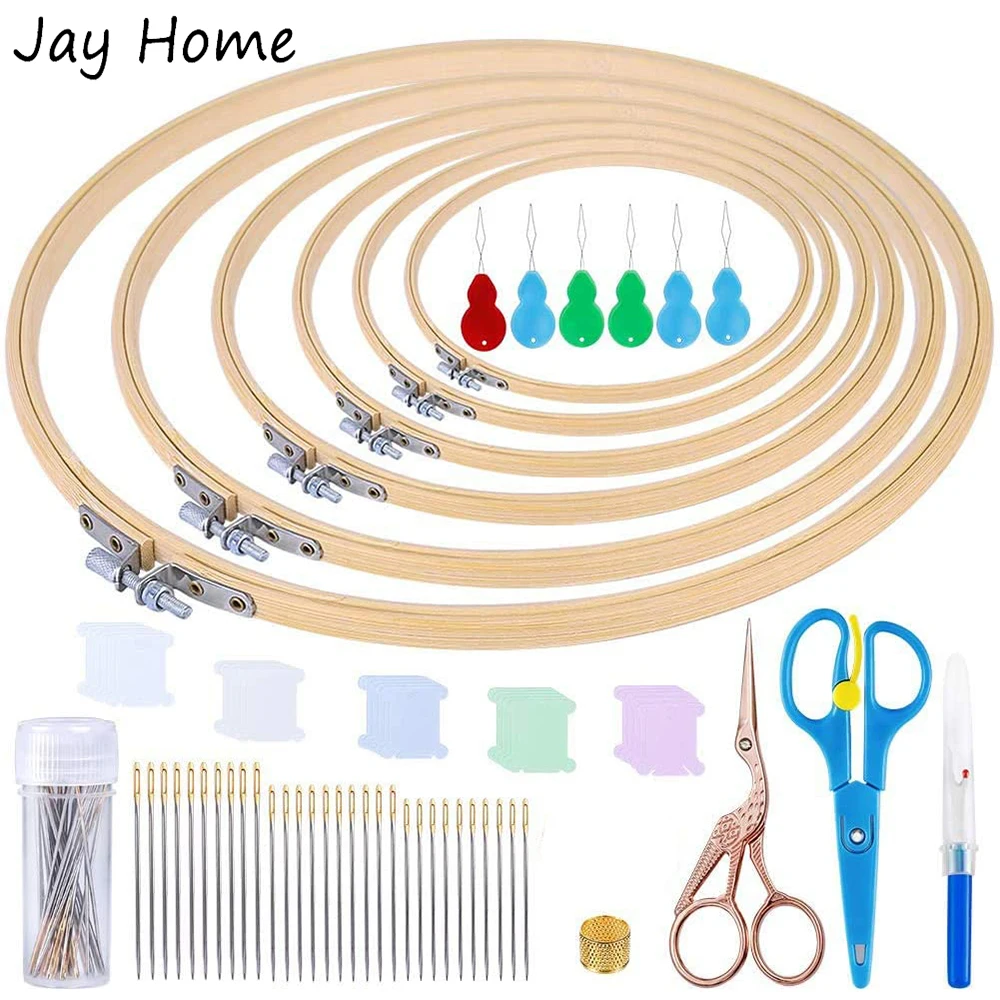 

72Pcs Embroidery Hoops Kits Bamboo Cross Stitch Frame with Stitching Needles Sewing Scissors for DIY Crafting Needlework Tools