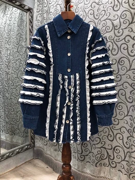 

2020 Early Autumn New Women's Lapel Color Matching Wooden Ear Layer Stitching Fastener Decoration Jeans Coat 716