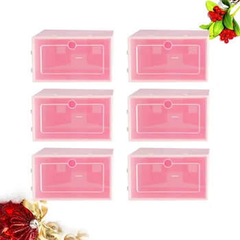 

6PCS Transparent Stackable Shoes Box Thicken Shoes Storage Box Plastic Shoe Container - Size S (Pink)