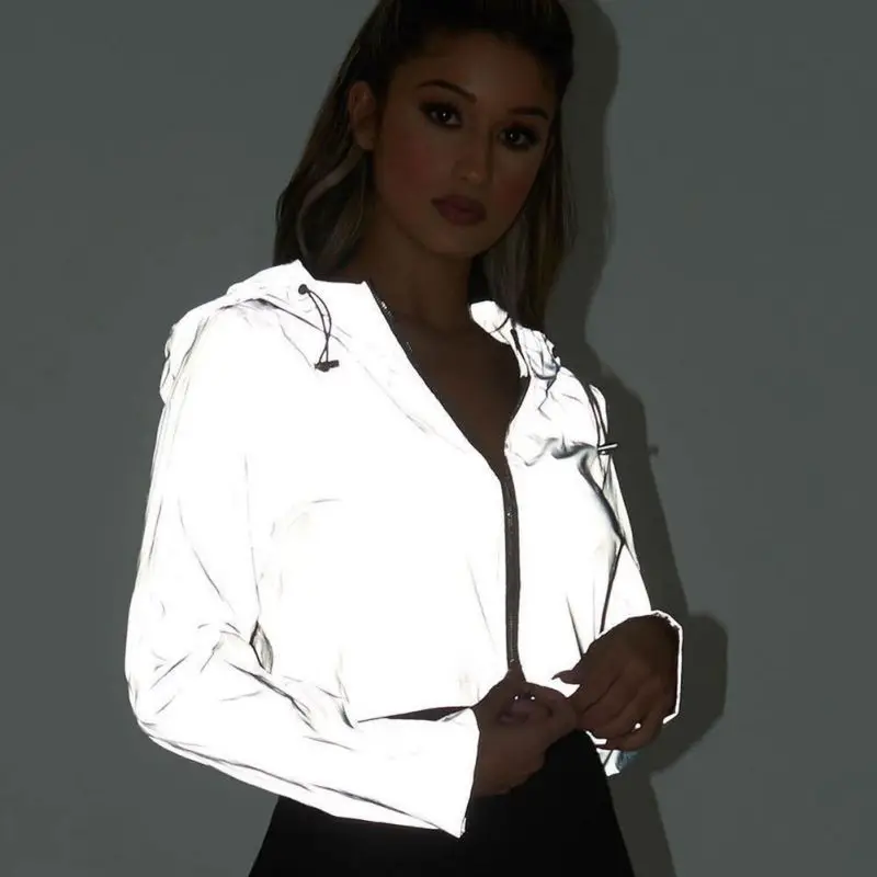 buy Reflective Hooded Bomber Coat Women Long Sleeve Silver Jacket Fashion Casual Zipper Hooded Female S