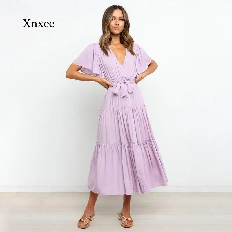 

2021 Summer Women's Long Skirt Casual Party Women's Short-Sleeved Pure Red Pink Dress Women Ladies