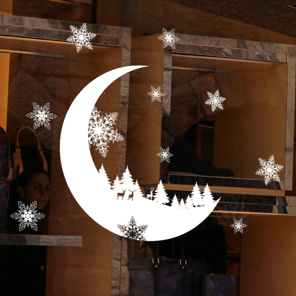 Счастливого Рождества стеклянное окно в магазине наклейки Рождество Снежинка Луна Съемный Винил художественное украшение на стену наклейки Рождественский Декор