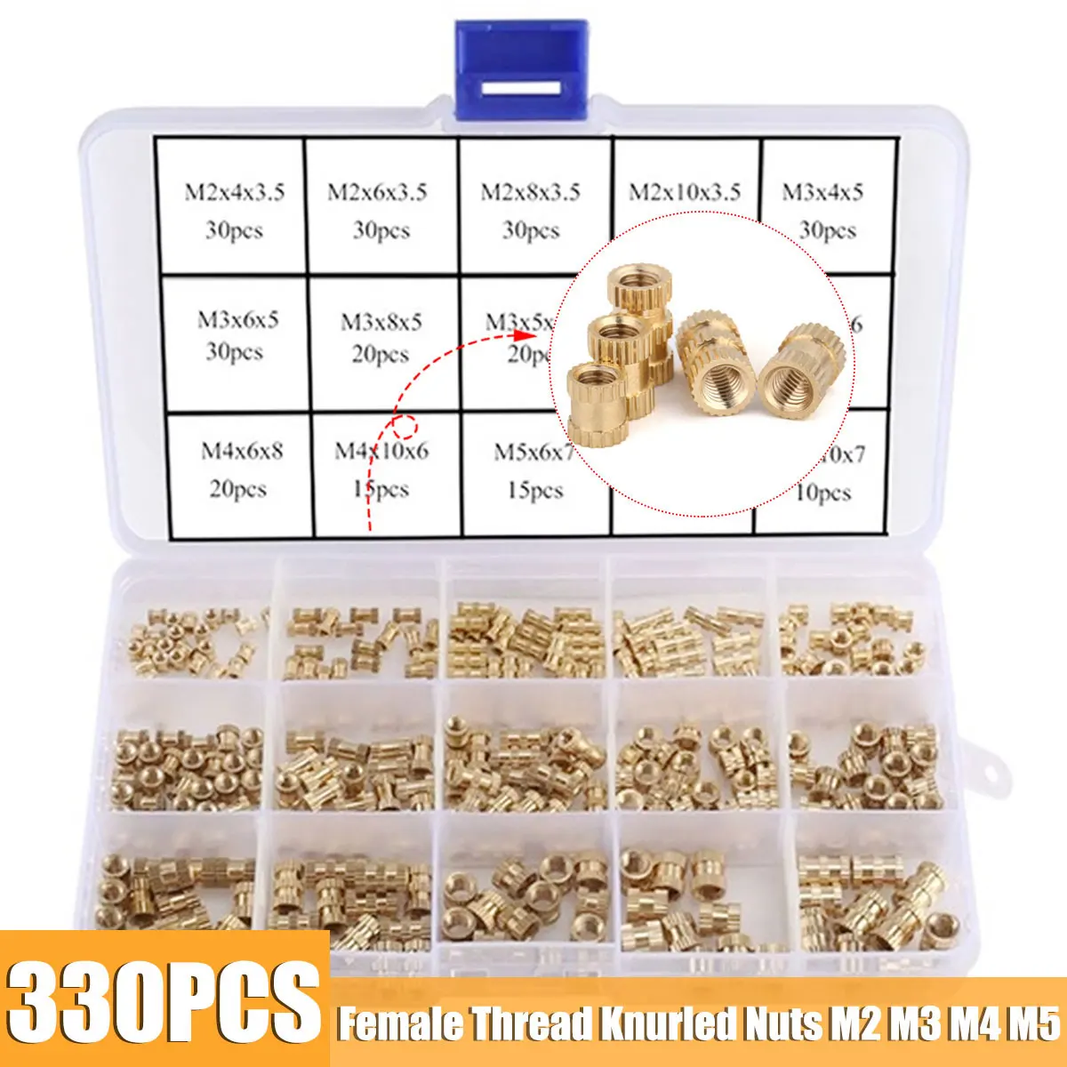 

330Pcs/set M2 M3 M4 M5 Female Thread Knurled Nuts Brass Threaded Insert Round Injection Moulding Knurled Nuts Assortment Kit