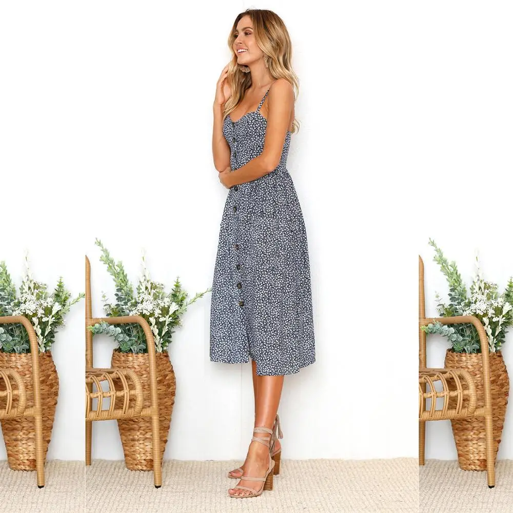 2018 New LOSSKY Women Print Floral Stripe Bohemian Dress V-Neck Sleevele Sexy Button Beach Casual Boho Midi Dress Plus Size 3XL