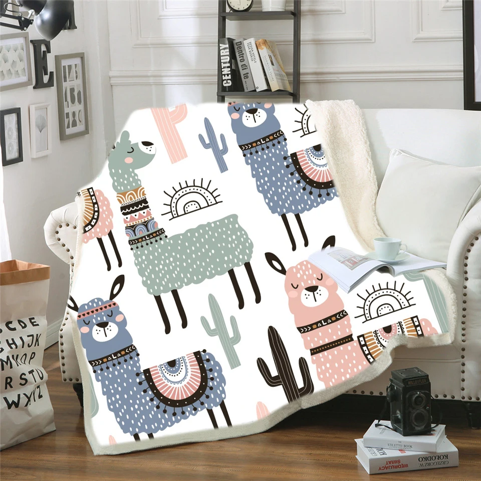 Soft Sherpa Blanket Cute alpaca For Kid Cartoon Throw Bedding Thick Warm On The Bed Sofa | Дом и сад