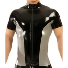 

Silver With Black Trims At Two Sides Sexy Latex Shirts Short Sleeves Zipper At Front Rubber Tops High Collar Clothes YF-0256