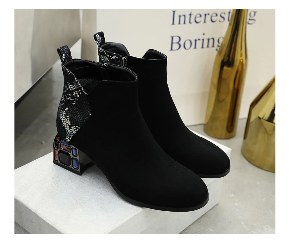 BESCONE Stylish Women Mid-Calf Boots Winter Handmade Snake Pattern Zip Square Heel Shoes Microfiber Round Toe Lady Boots BM307