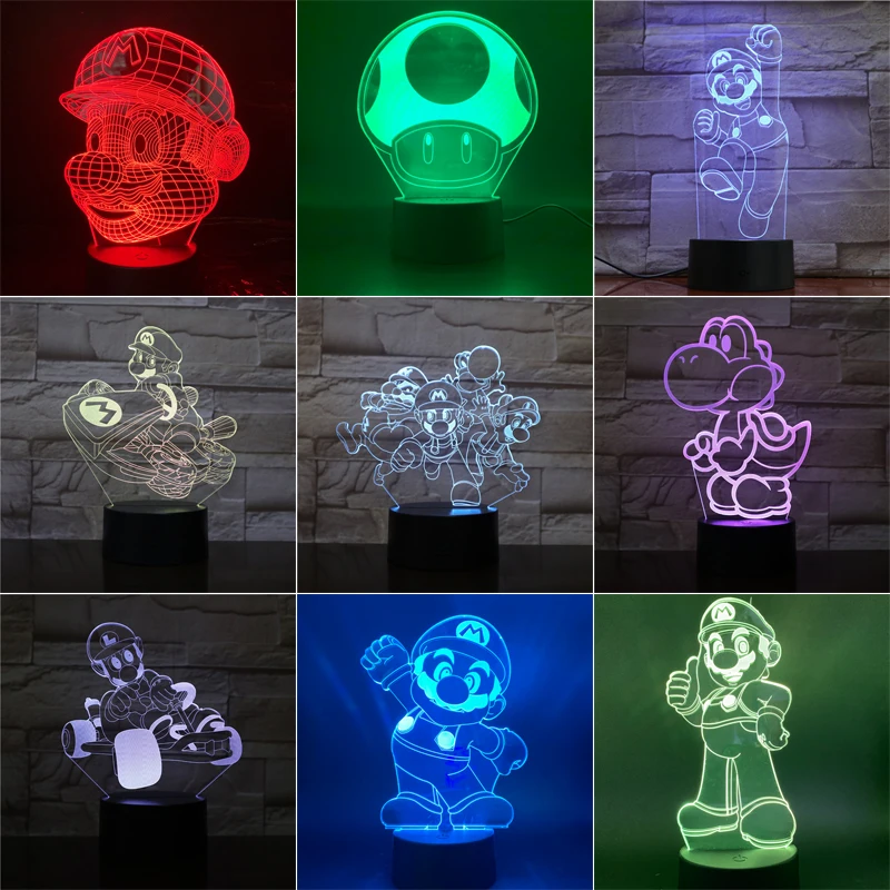 3D светодиодный ночник Super Mario Luigi Yoshi 7 цветов меняющая свет украшение комнаты