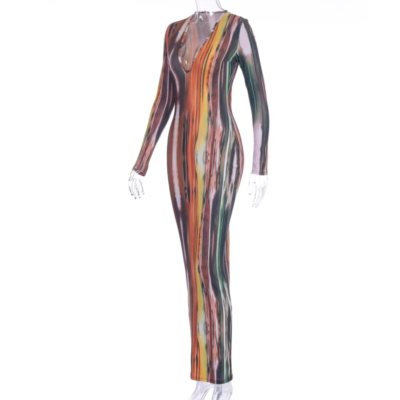 BOOFEENAA Stripe Tie Dye Print Sexy Maxi Dress Fall 2021 Casual Long Dress Women Nightclub Long Sleeve Bodycon Dresses C70CC31