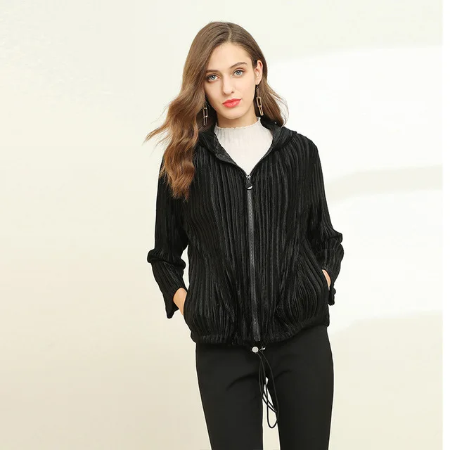 

Plus Size Jacket For Women 40-80kg 2020 Spring Elastic Miyake Pleated Hooded Long Sleeves Loose Casual Velvet Jacket Black