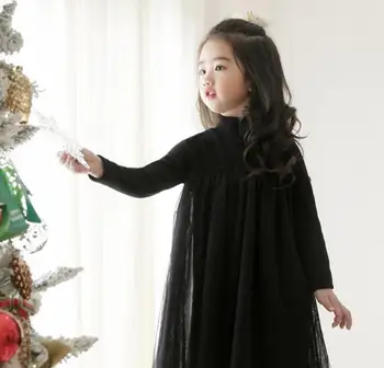 

2019 Winter Autumn Girls Gauze Net yarn Splicing Long Sleeve Basic Dress Kids Turtleneck Black Princess Party Dress