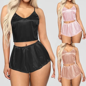 

Solid Sleeveless Top And Shorts Pyjamas Women Sexy Satin Silk Pajama Sets Female Casual Homewear Sexy Comfortable Sleepwear New