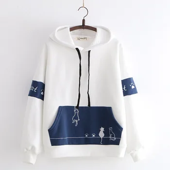 

Women Harajuku Cartoon Cat Embroidery Hoodies Sweatshirts Winter Plus Velvet Hooded Pullovers Patchwork Tracksuit