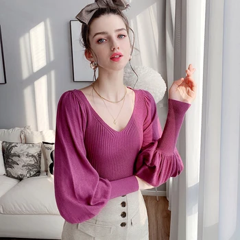 

Dabuwawa Sweet Solid V Neck Slim Fitted Stretchy Pullovers Sweater Women Lantern Sleeve Office Ladies Knit Sweaters DT1AJS008