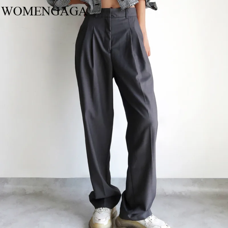 

WOMENGAGA Straight Long Legs High Waist Slimming Pants Loose Pleated Casual Dark Gray Simple Suit Trousers 8J45