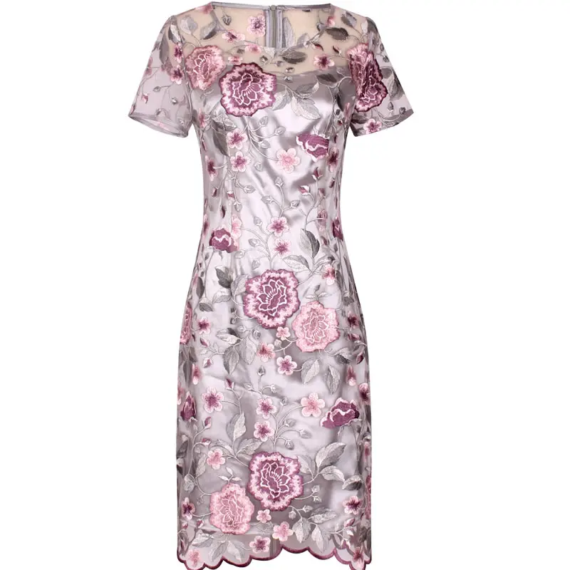 

New Women Flower Embroidery Women Dress Elegant O-Neck Short Sleeve Casual Dresses D1223