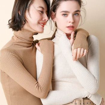 

Thumb Hole Ribbed Turtleneck Knitted Sweater Tops Women High Neck Pullovers 2019 Autumn Winter New Striped Solid Sweater Jumper